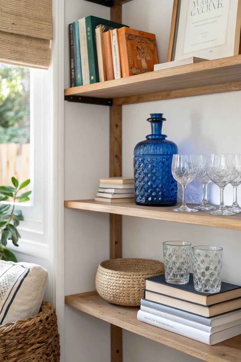 Turn one bookcase shelf into a chic mini bar with cocktail books and glassware.