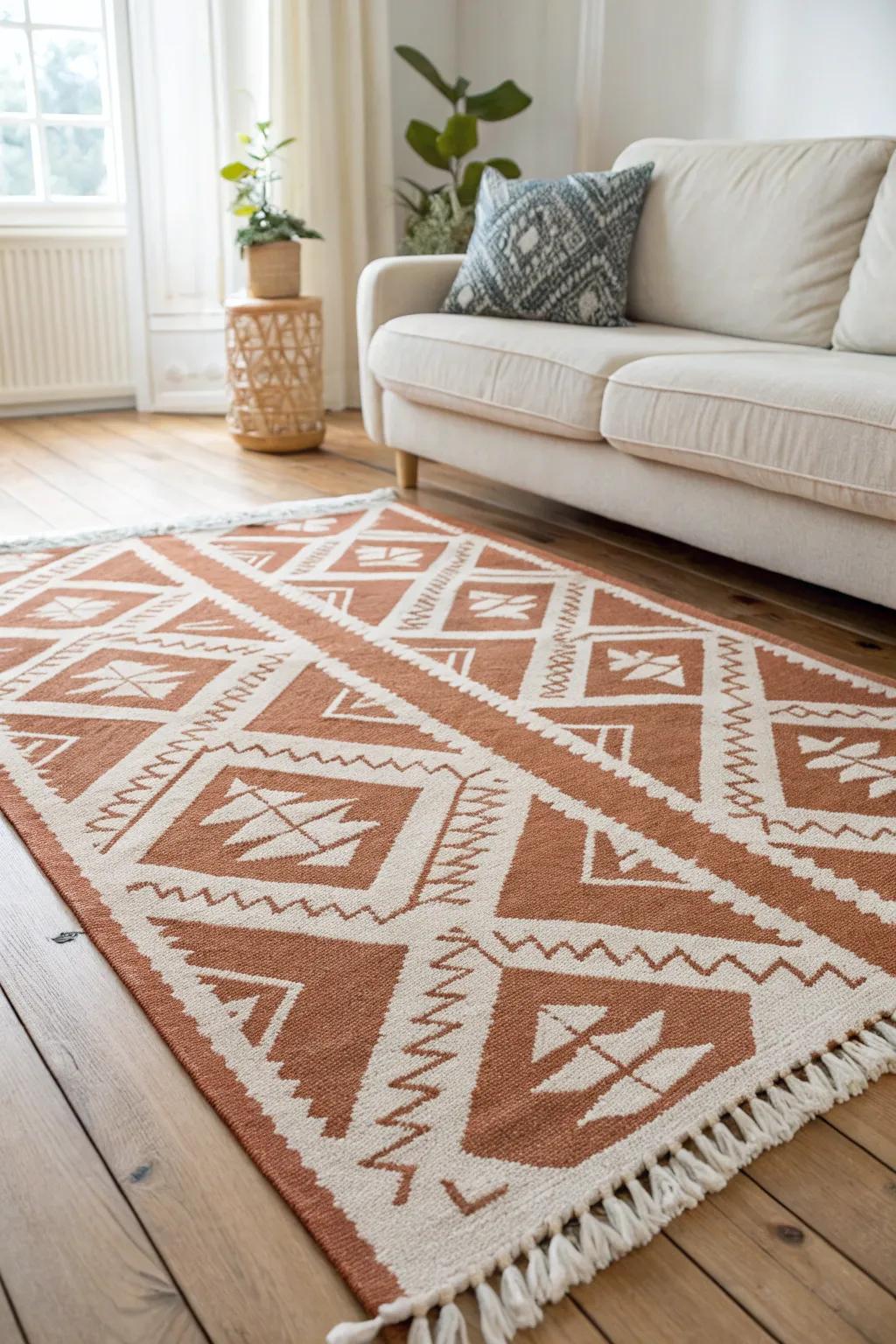 Go bigger with the rug—an oversized weave zones the room and makes a big couch feel chic.