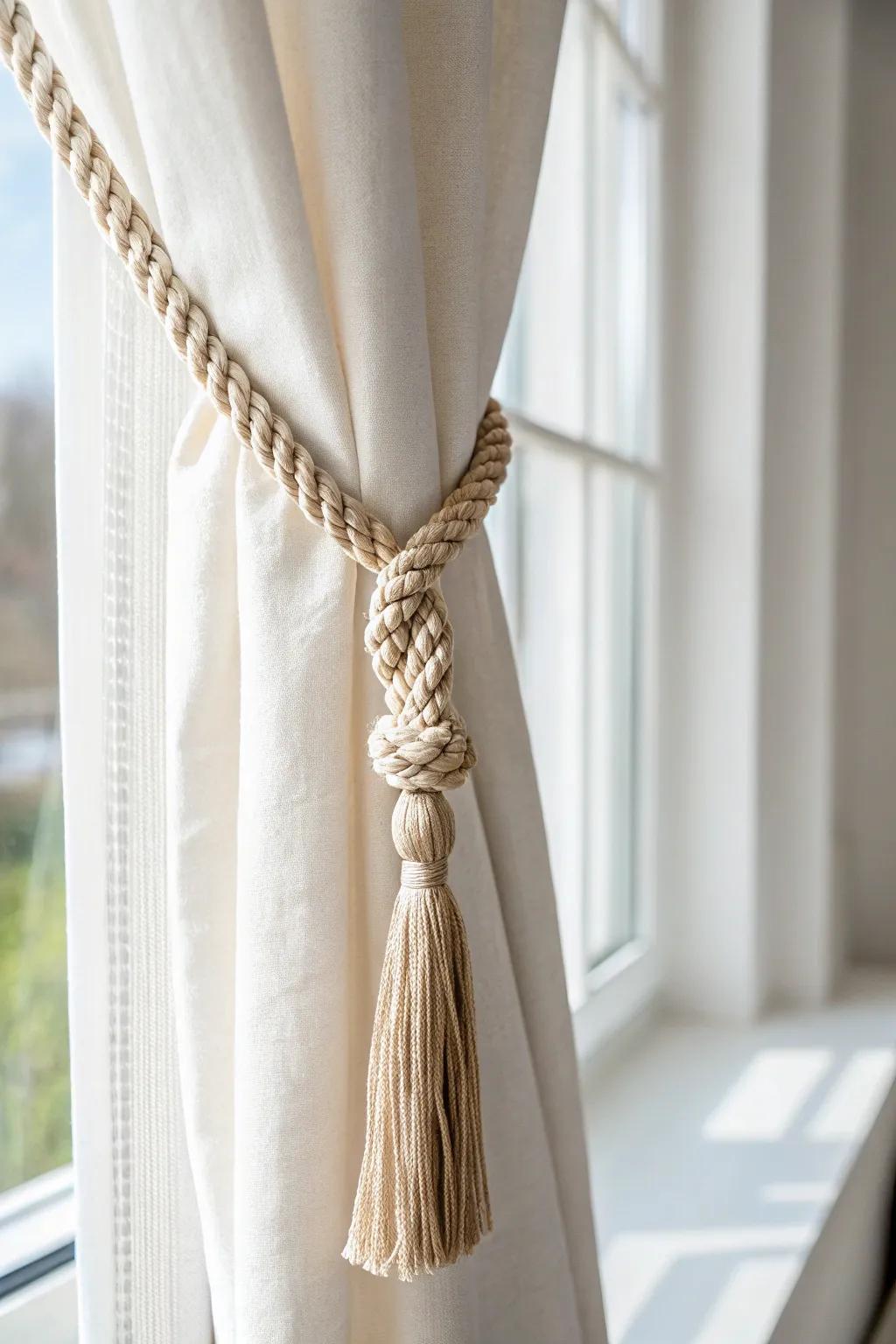 Handwoven macramé tieback pulls linen curtains aside, brightening a tiny living room instantly.