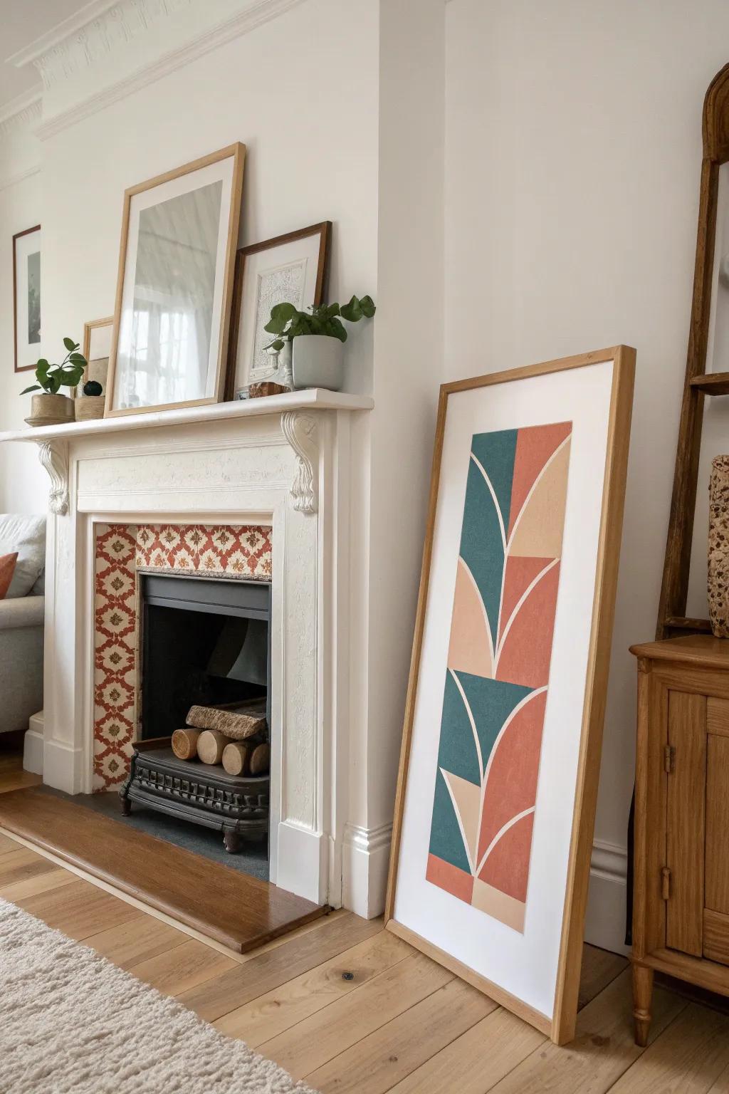 One tall statement artwork above the fireplace instantly makes a small living room feel taller.