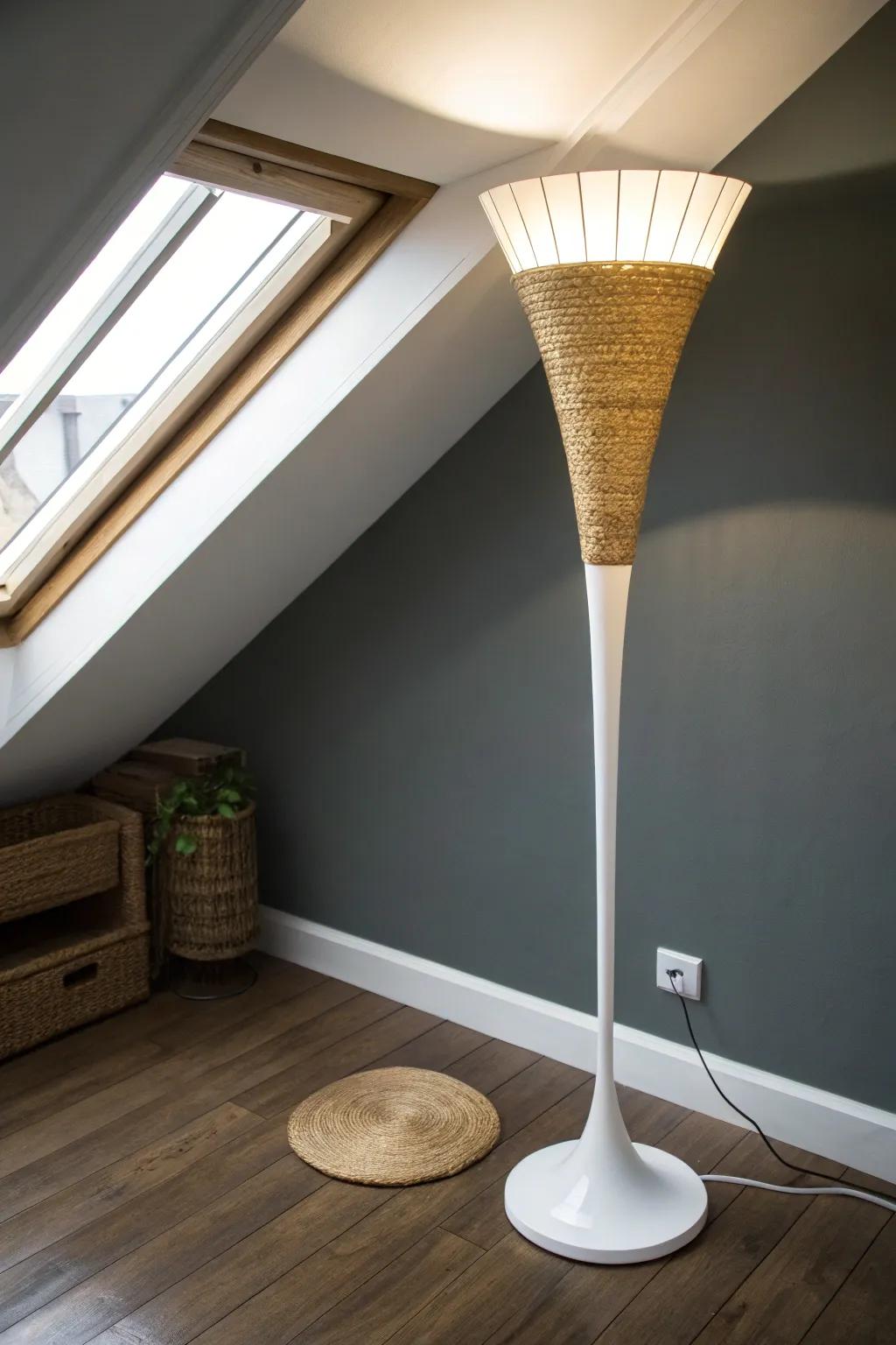 Fake a skylight glow: a sculptural uplight lamp brightens a tiny loft without clutter.