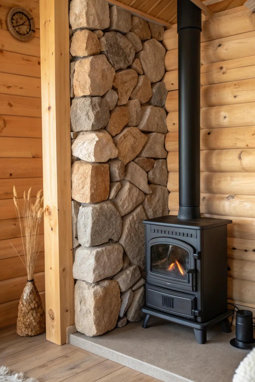 A stone backsplash breaks up cabin wood and makes a tiny kitchen feel instantly designed.