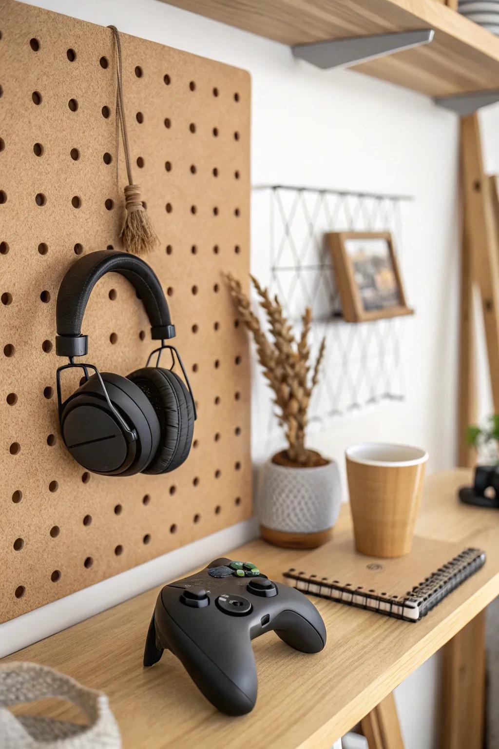 A pegboard feature wall that doubles as art—perfect for tiny man cave shed storage.