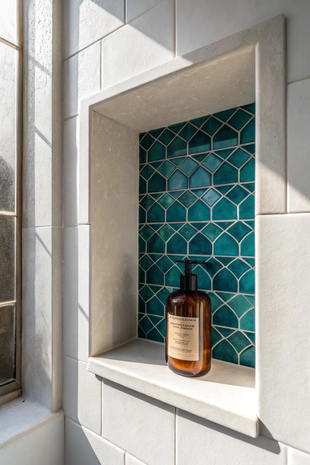 A recessed shower niche keeps bottles off corners—clean, calm, and clutter-free.