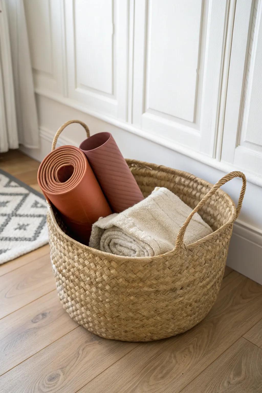 Hide yoga gear in a chic woven basket for an instantly serene, clutter-free meditation nook.