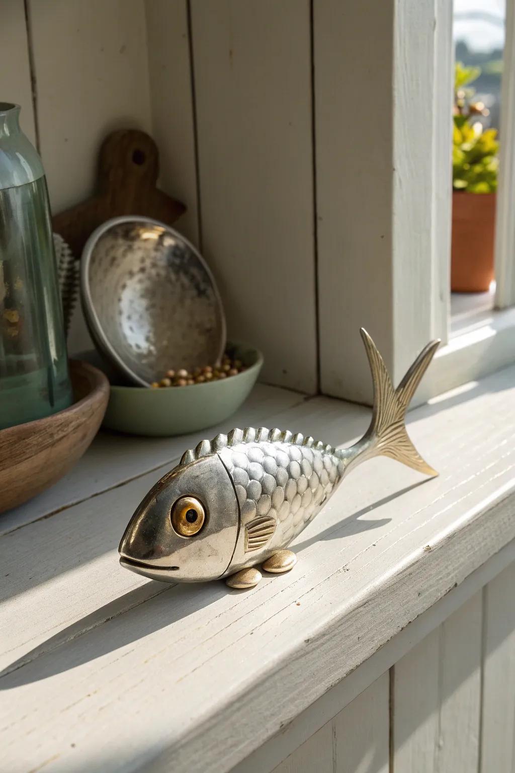 Coastal charm, minus clutter: a spoon-and-screw fish sculpture for tiny shelves.