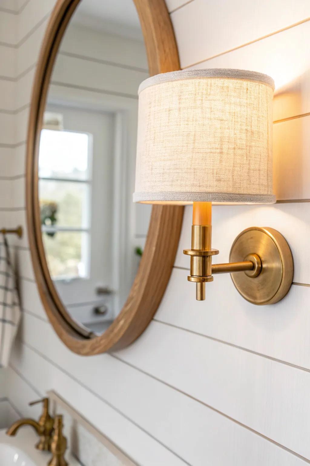 A warm wall sconce by the mirror instantly makes a small modern farmhouse bath feel cozy.
