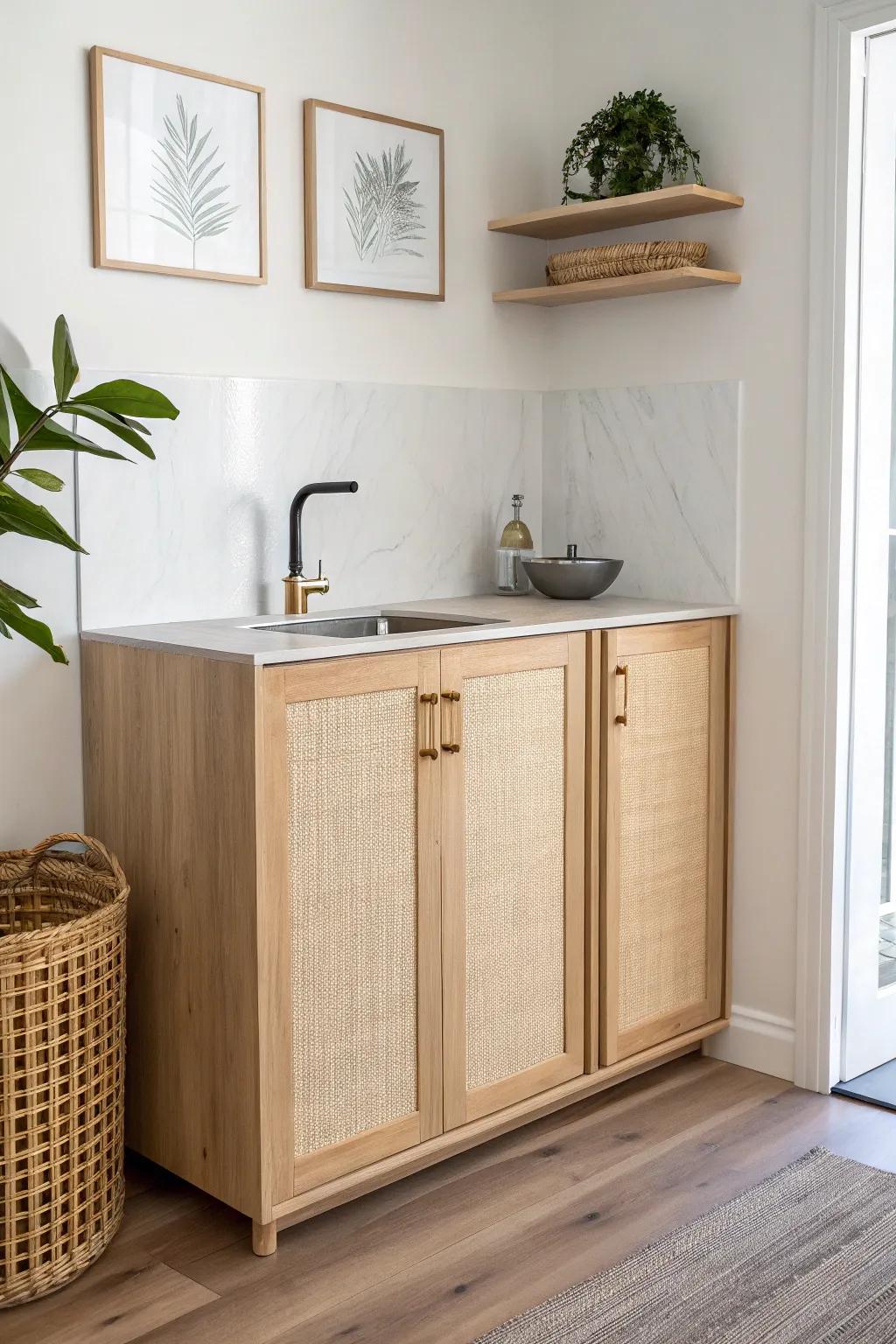 Small MIL suite kitchenette idea: one compact unit with sink, prep space, drop drawer, and tall pantry.