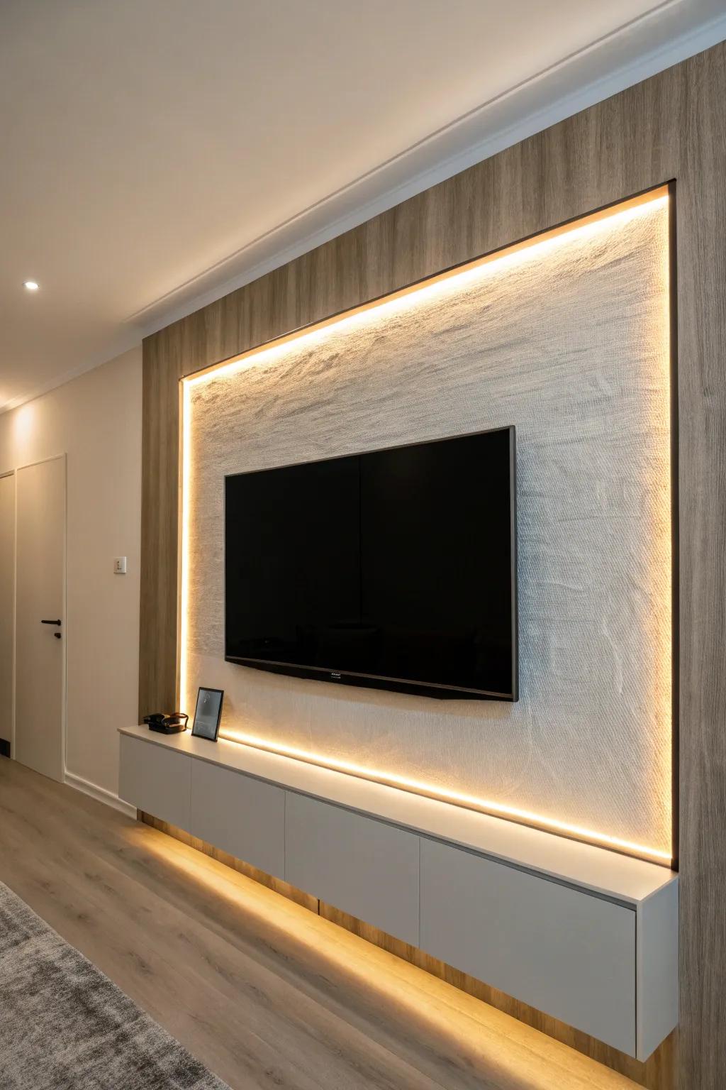 Soft bias lighting turns a tiny movie nook into a luxe theater—no extra space needed.