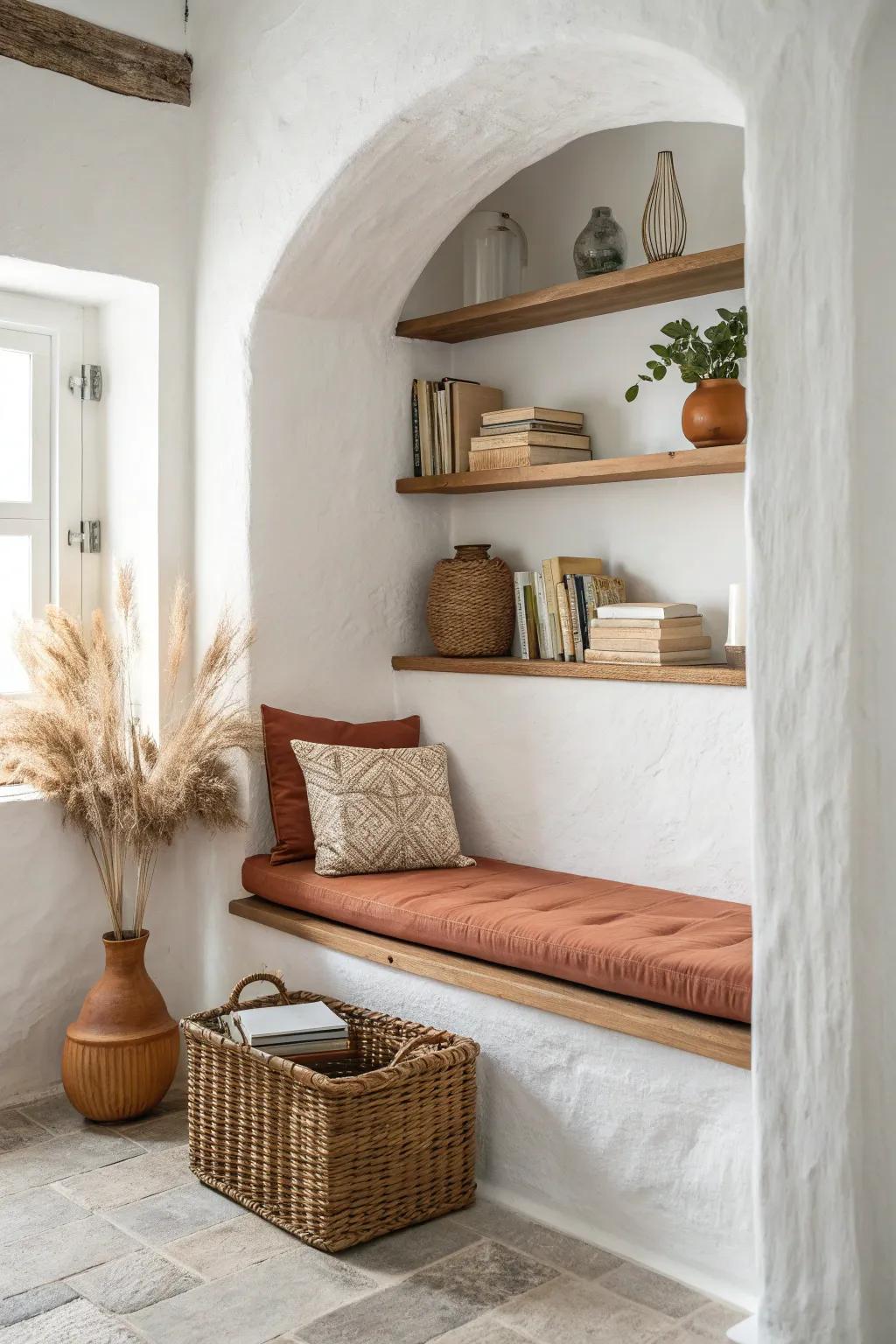 A recessed wall shelf nook with a terracotta cushion and floating oak shelves—small-space magic.