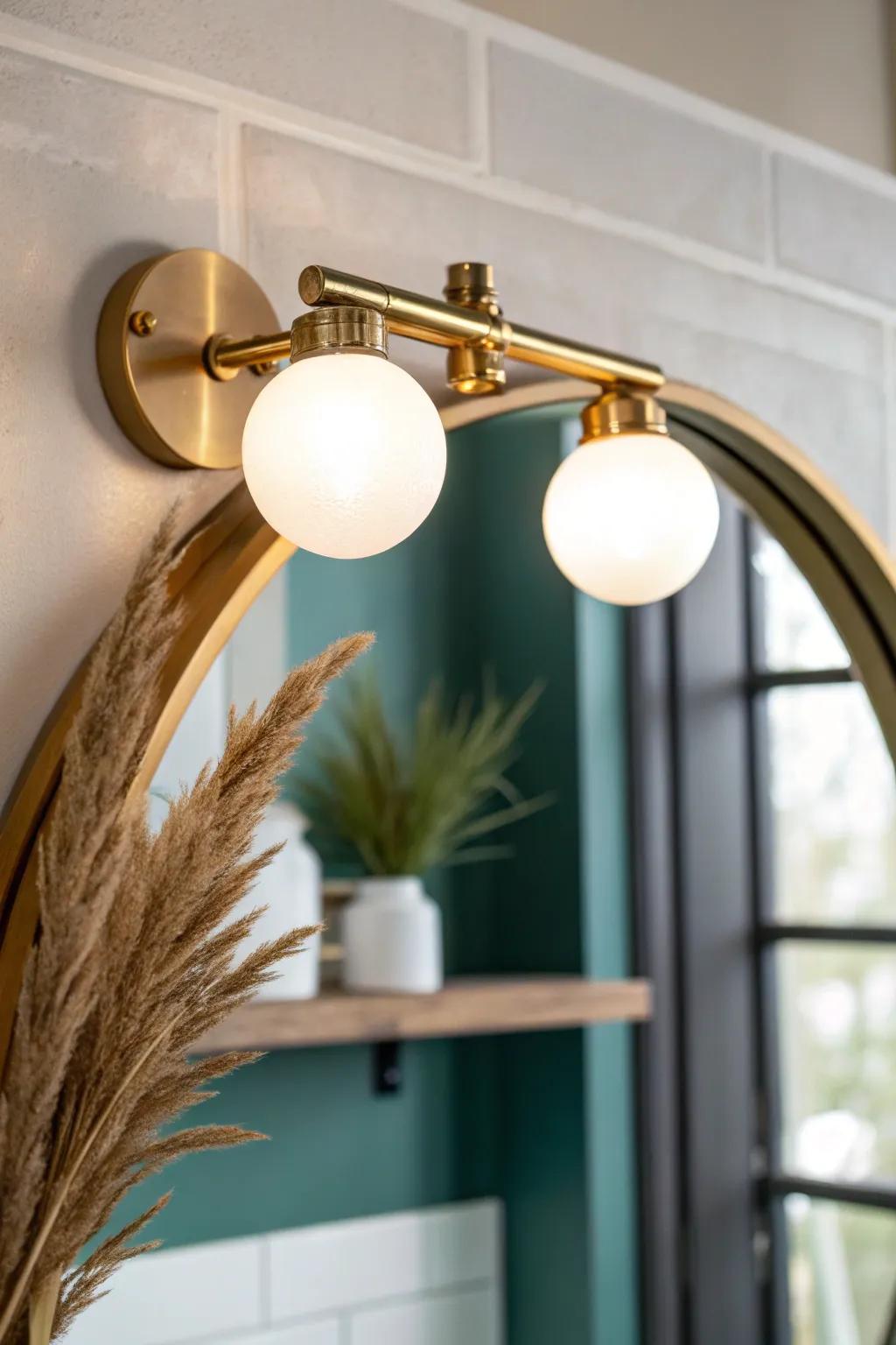 Bright brass vanity light layers glow to make a tiny office bathroom feel fresh and flattering.