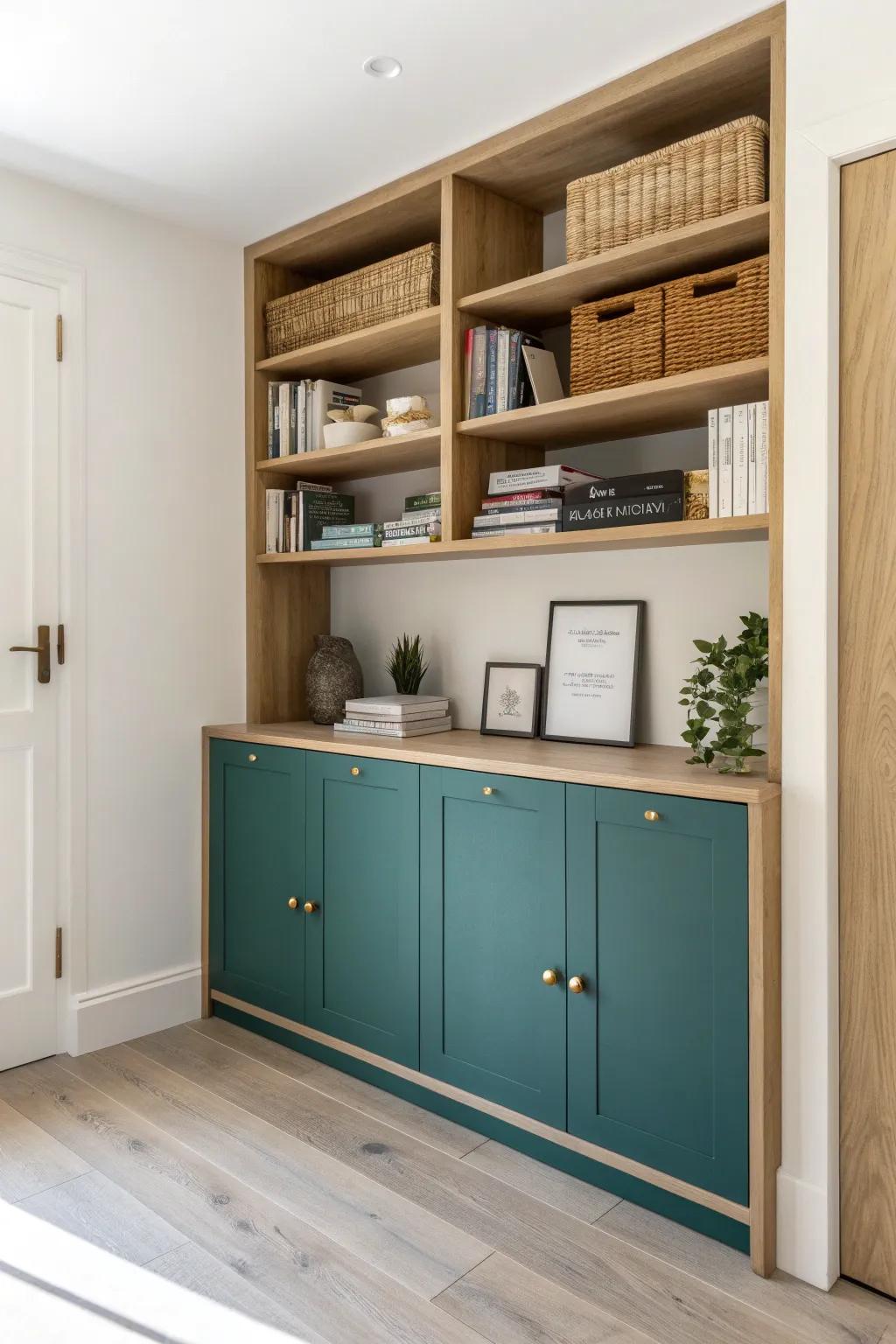 A floor-to-ceiling storage wall that makes a tiny office feel calm, polished, and spacious.