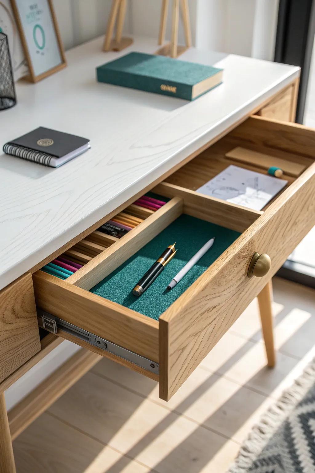 A slim under-desk drawer keeps pens and notes hidden—tiny office win with zero clutter.