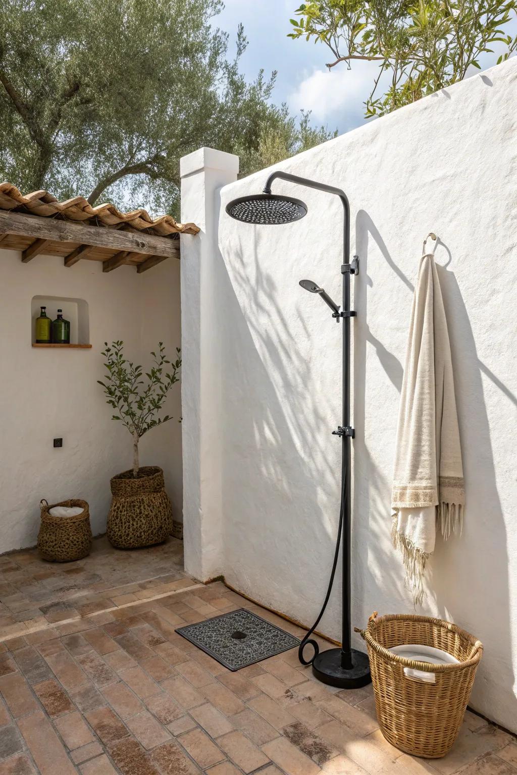 Matte-black rain shower in a sunlit three-wall courtyard—luxury privacy in a tiny footprint.