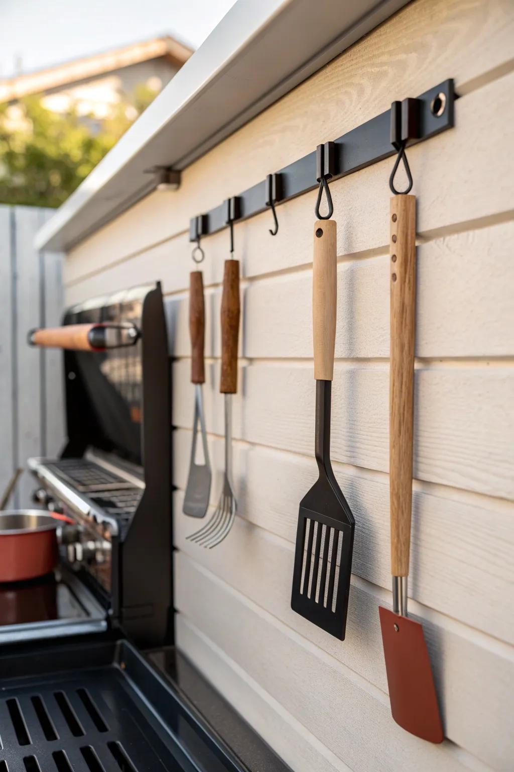 A slim vertical rail keeps grill tools within reach—stylish storage for tiny BBQ corners.