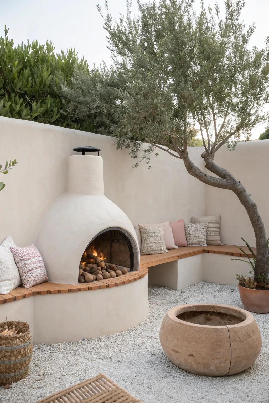 Wraparound bench walls turn a small outdoor fireplace into chic built‑in seating