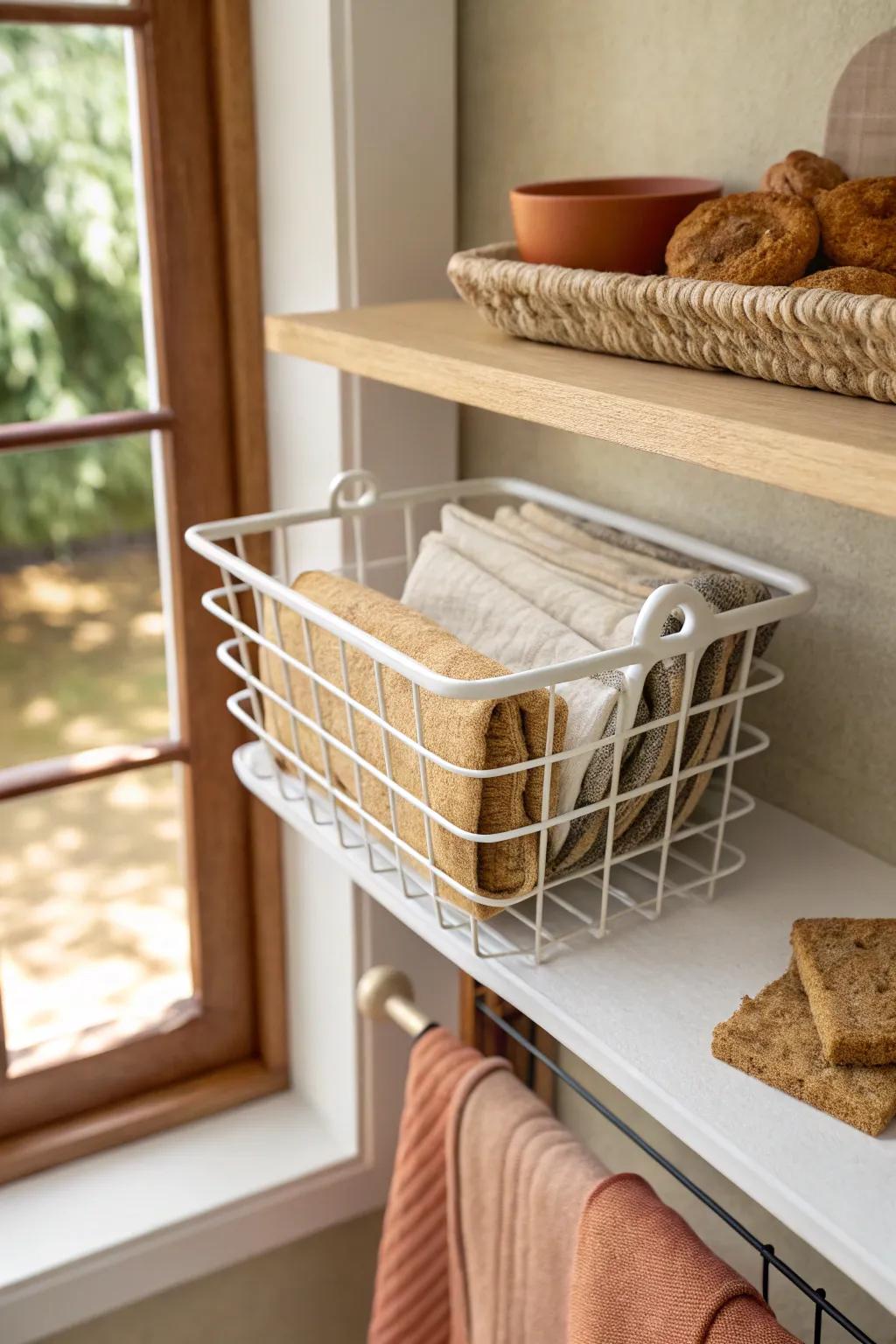 Add instant extra shelf space: a chic under-shelf basket for snacks and napkins.