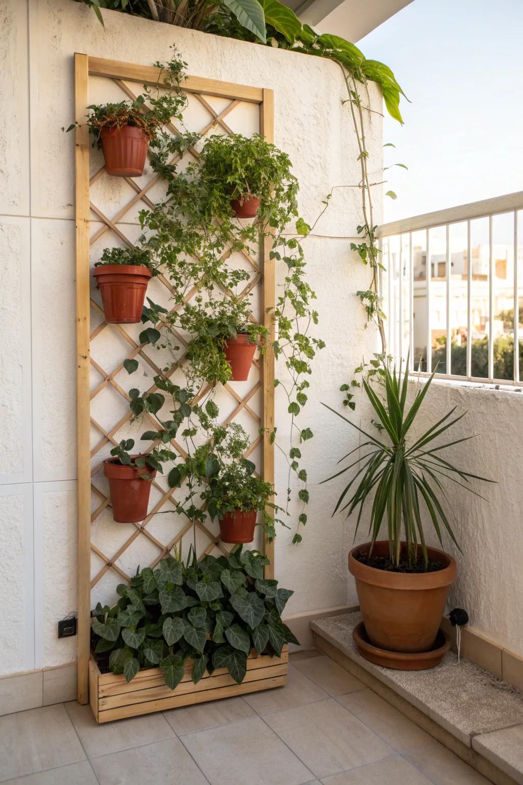 Go vertical: a lush trellis garden wall that adds privacy, greenery, and a dreamy patio backdrop.