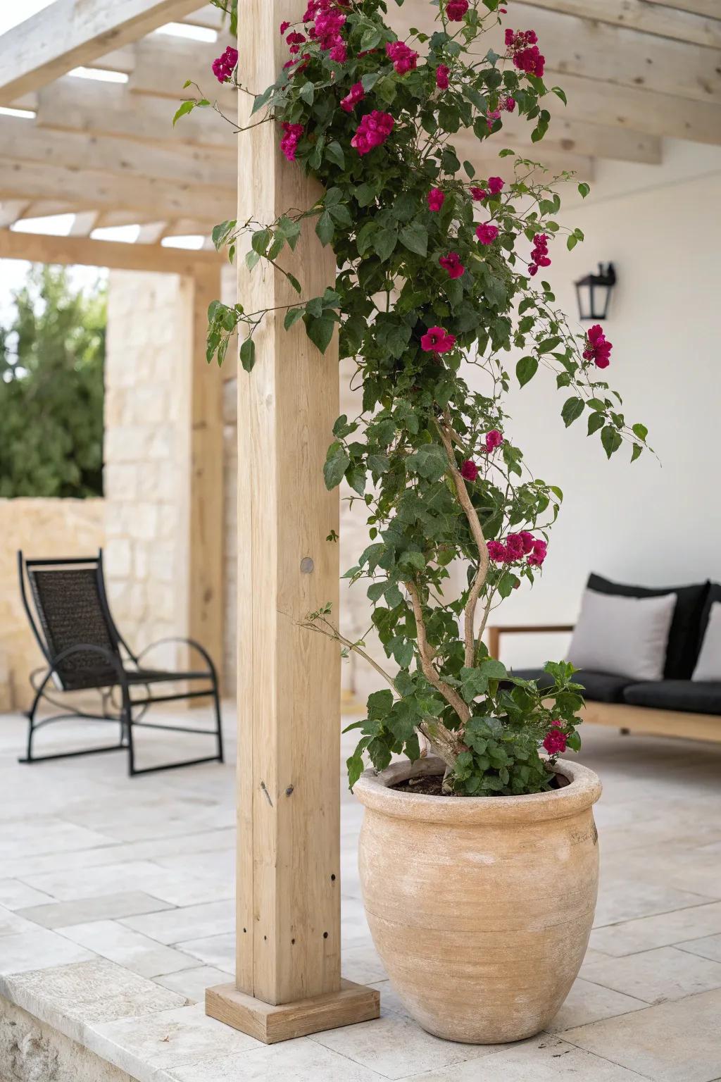 One oversized pot + climbing vine turns a tiny pergola corner into lush, living shade.