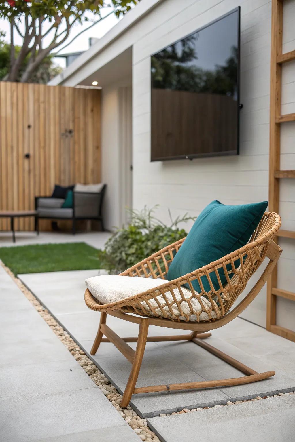Float a sculptural chair toward the patio TV—keep a clear walk lane for relaxed movie nights.