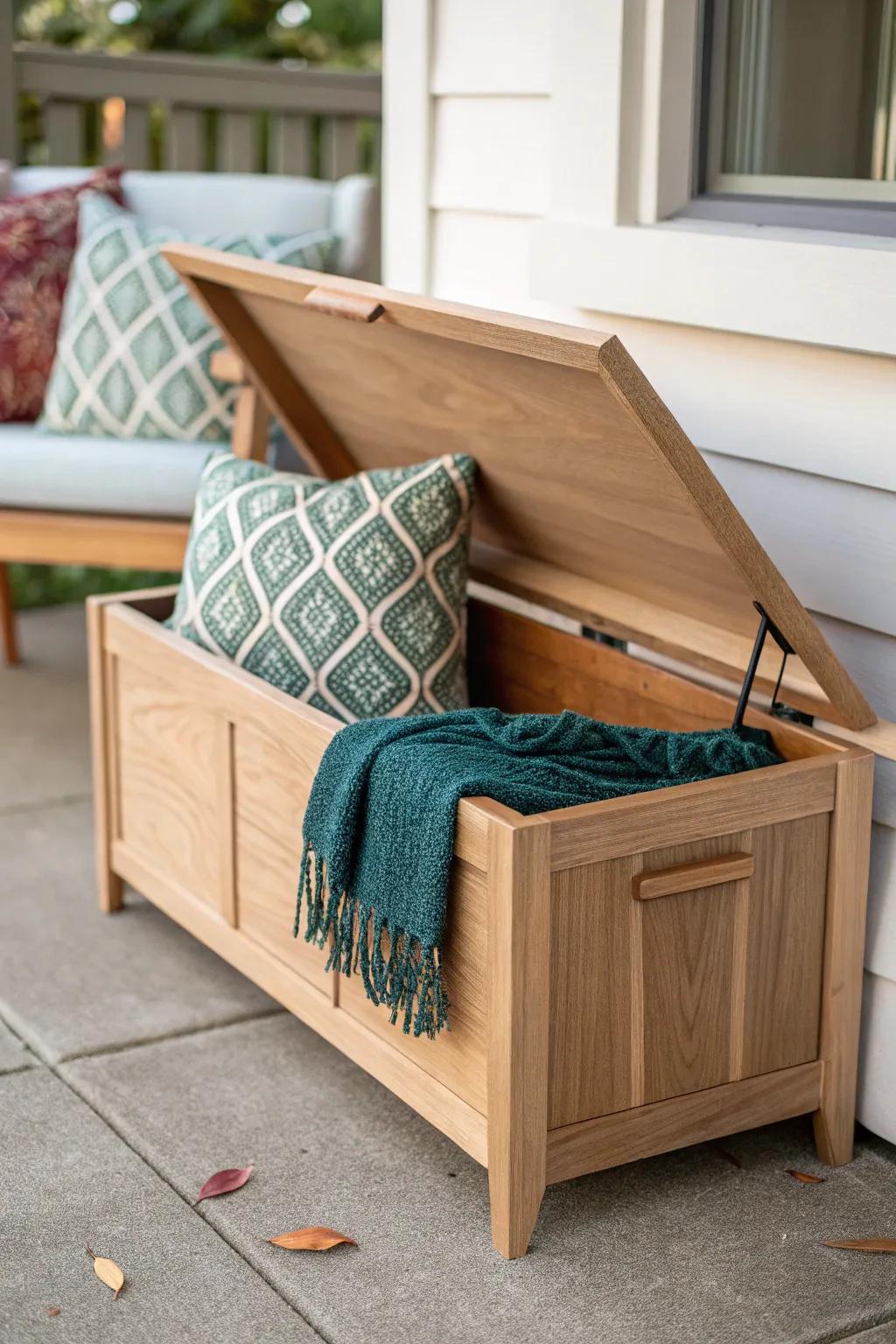 A chic porch storage bench that hides throws and pillows—stylish, tidy, and space-smart.