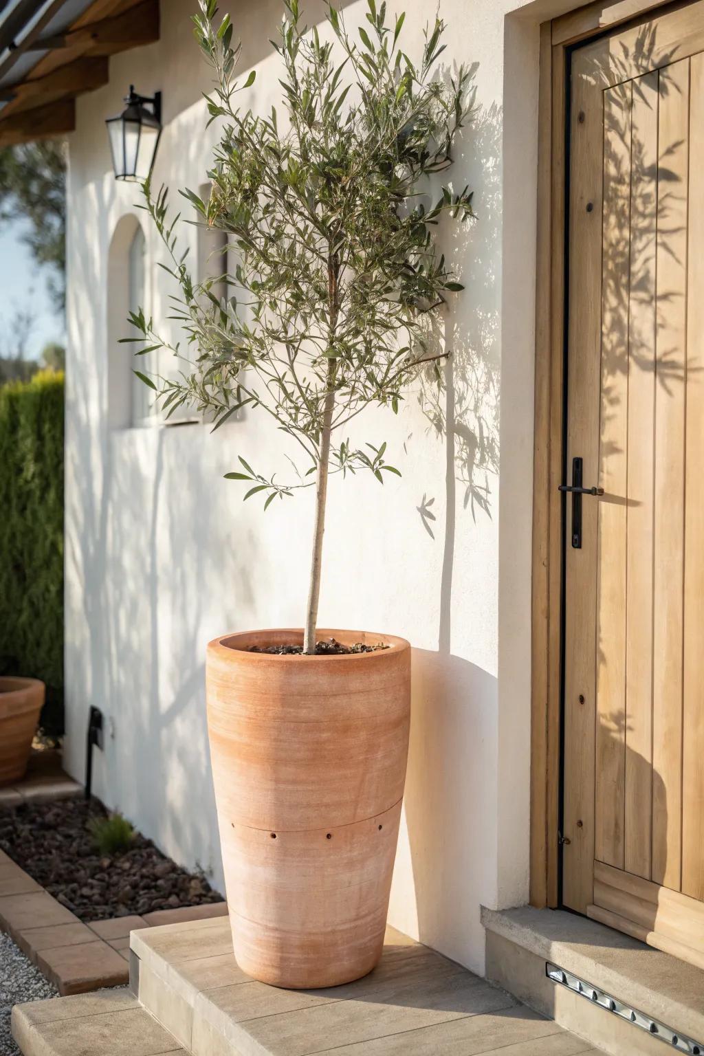 One tall planter adds instant height and polish—perfect vertical style for the tiniest porch.