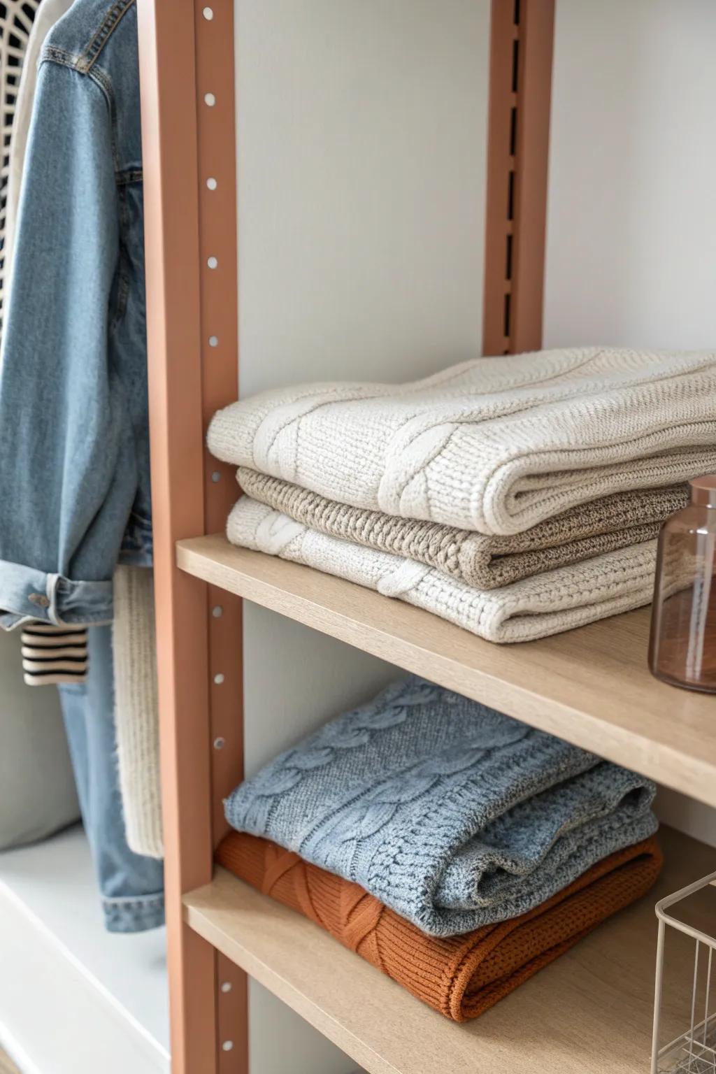 One shelf divider keeps folded sweaters and jeans crisp—no more top-shelf slumps.