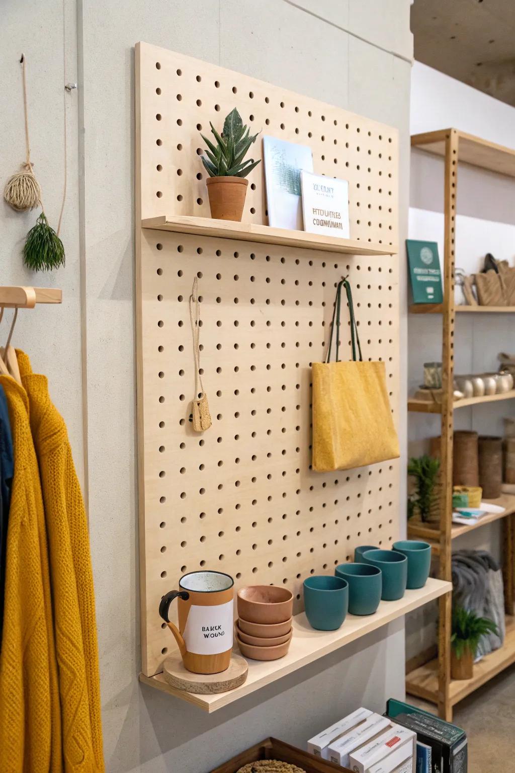 A modular pegboard shelf wall that adapts fast—sleek, airy storage for small retail finds.