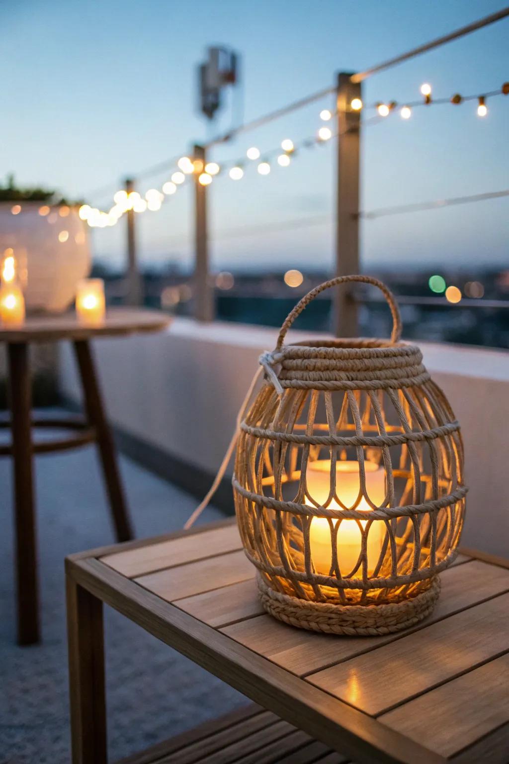 Warm lantern glow + twinkling strings make a tiny rooftop deck feel instantly luxe.