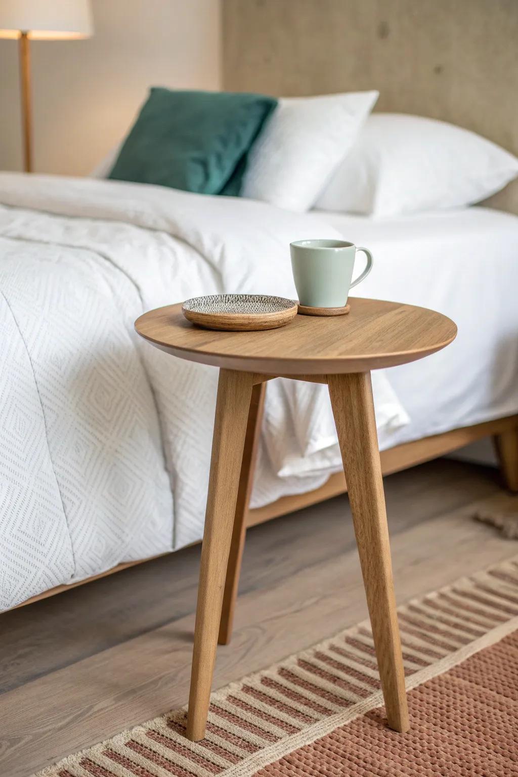 Tiny round side table: the no-snag swap that makes a corner bed feel effortlessly livable.