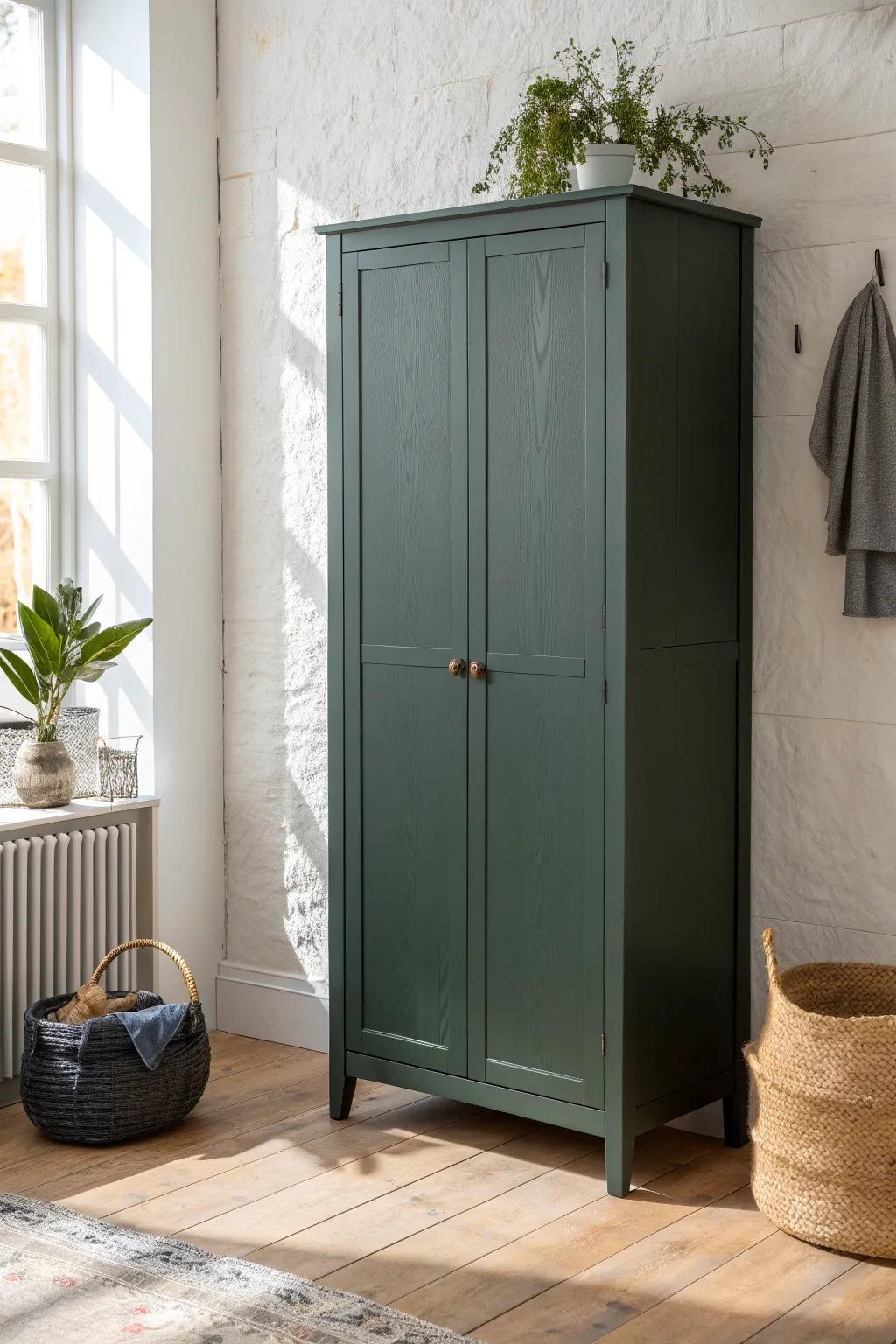 Go vertical: a tall slim cabinet saves floor space and keeps a small guy’s room sleek.