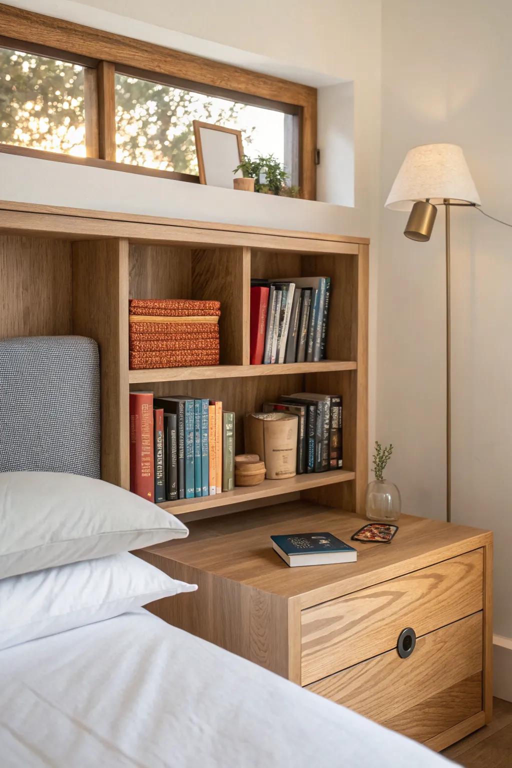 Turn the bed wall into a library: nightstand-height shelves keep every read within reach.