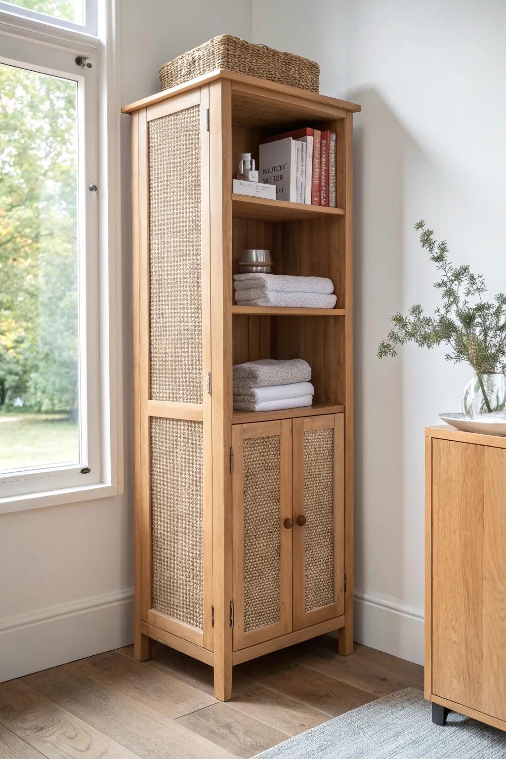 A slim corner tower turns wasted space into chic vertical storage—tiny footprint, big payoff.