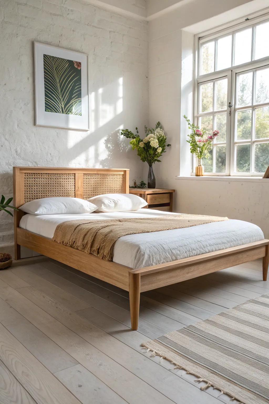 A low-profile queen bed frame keeps sightlines open—so adding a desk won’t crowd the room.