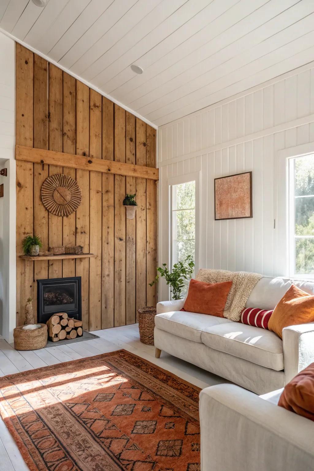 One wood‑paneled accent wall adds cabin warmth—without making a small living room feel dark.