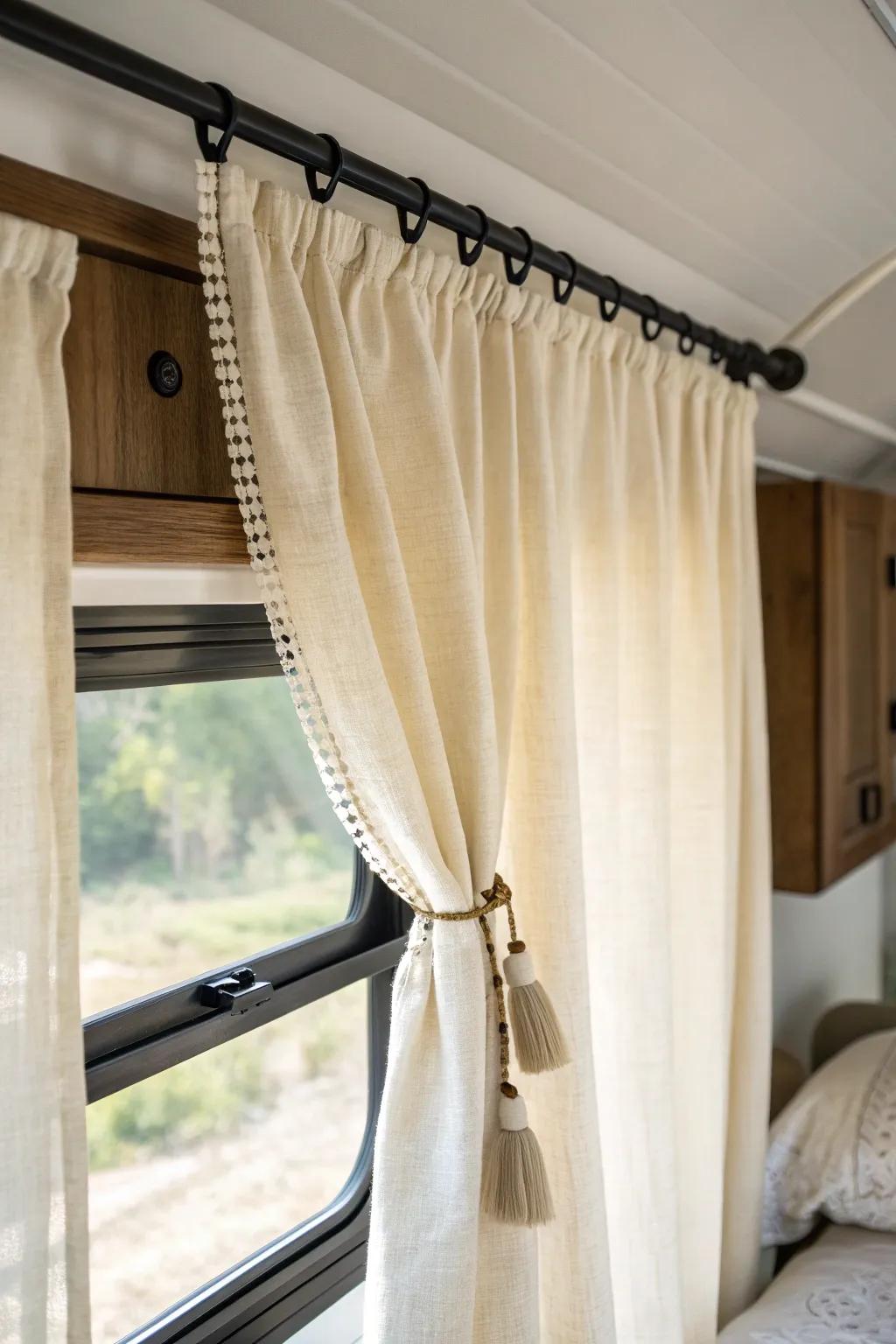 Hang curtains higher to make your RV bedroom feel taller, brighter, and beautifully soft.
