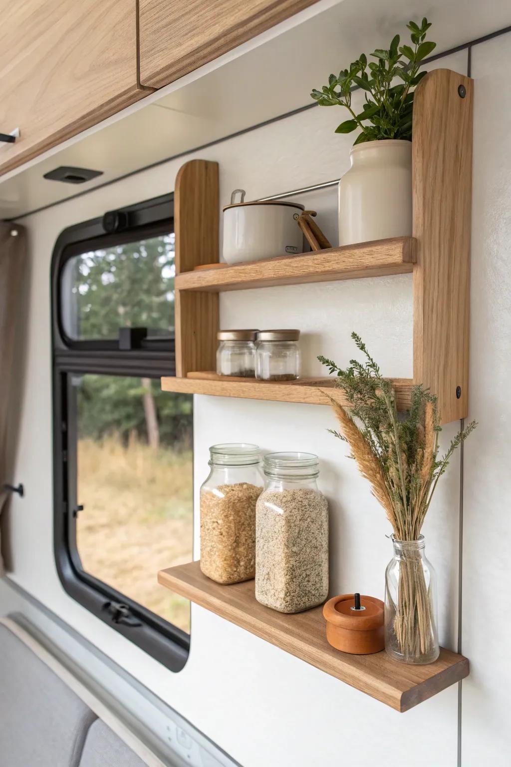 Open shelving instantly lightens a tiny RV—match jars and add one simple decor piece.