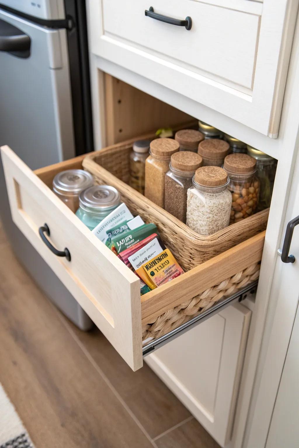 A slim pull-out pantry keeps your RV kitchen clutter-free—spices and snacks perfectly in reach.