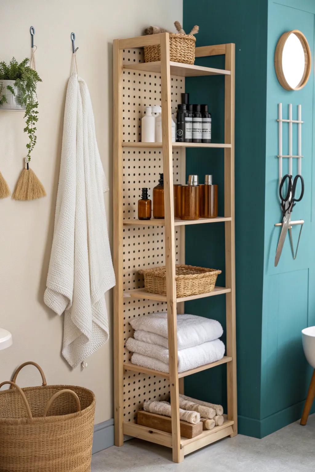 Vertical storage wall keeps a tiny salon airy—tools up high, floor clear, style intact.