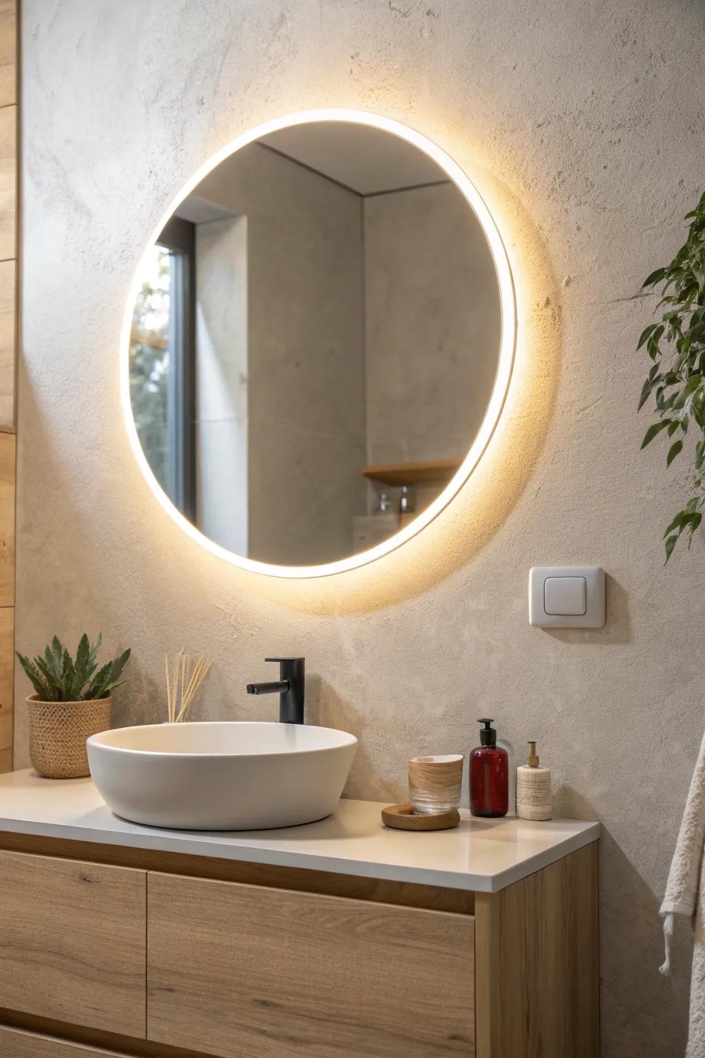 A backlit mirror adds soft glow and instant depth—perfect for elevating a tiny Scandinavian bath.