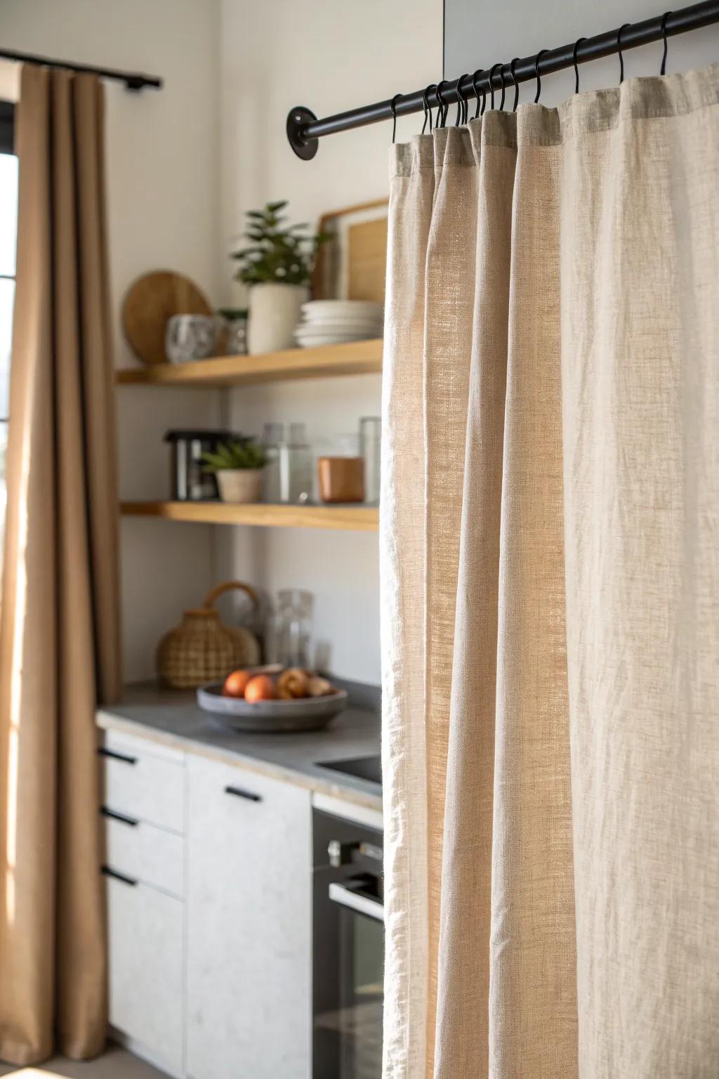 No-drill linen curtain: a renter-friendly way to hide noisy gadgets in a tiny scullery.