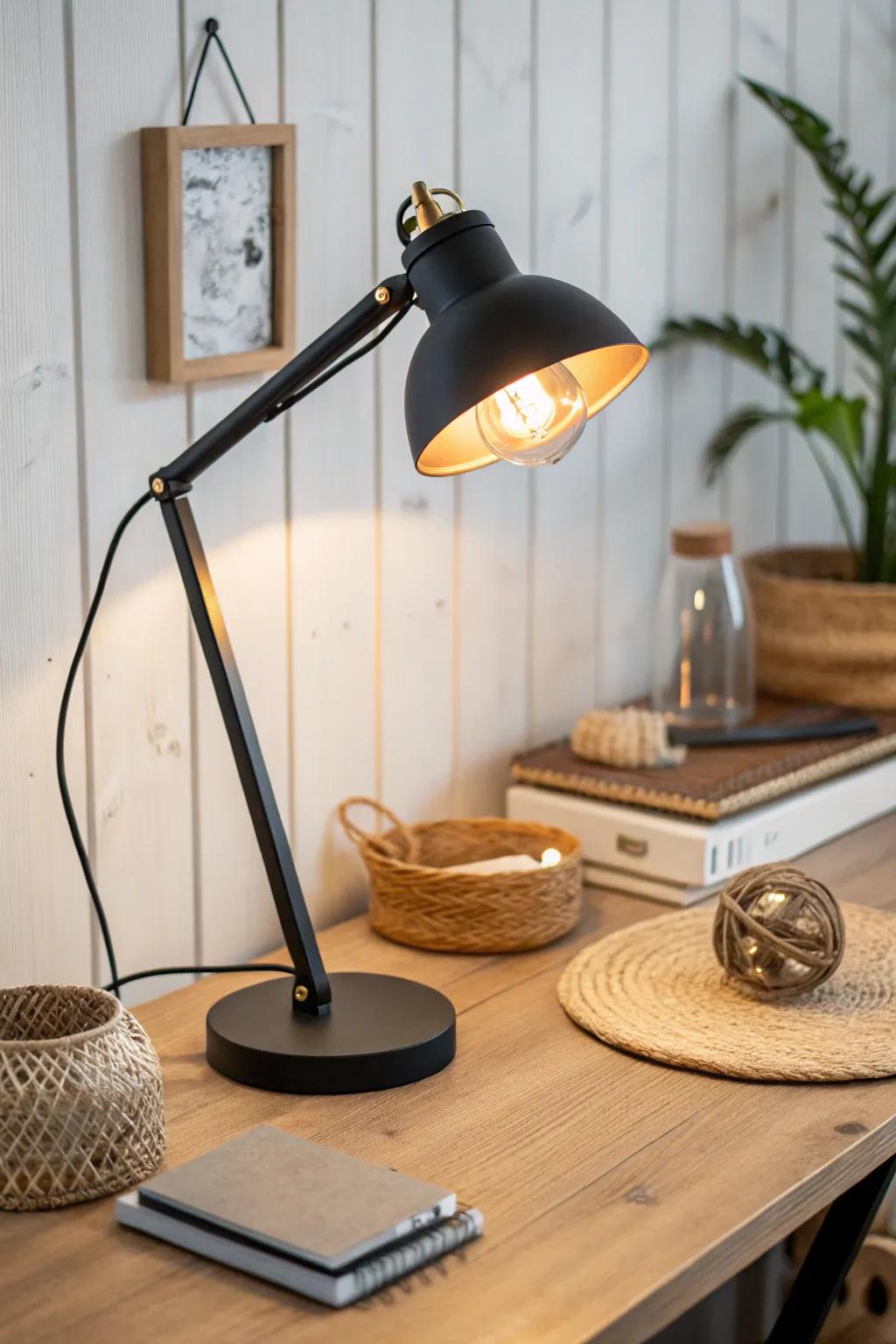 One strong task lamp + a warm ambient glow turns a tiny shed office into a cozy workspace.
