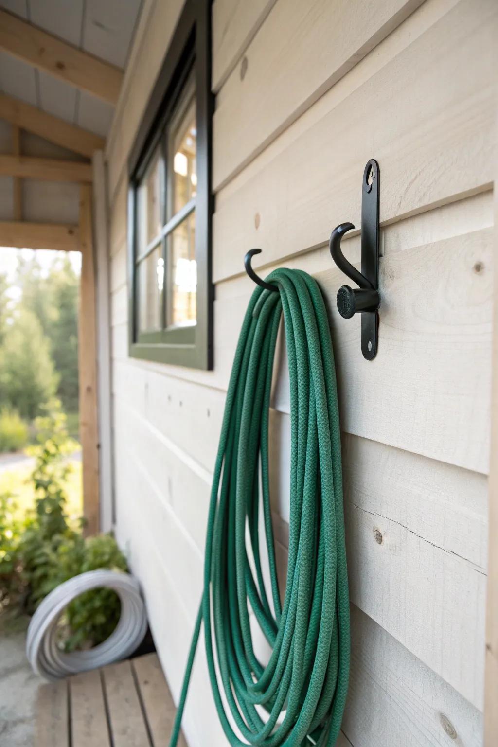 Maximize tiny shed walls: one heavy hook keeps bulky gear tidy, visible, and off the floor.