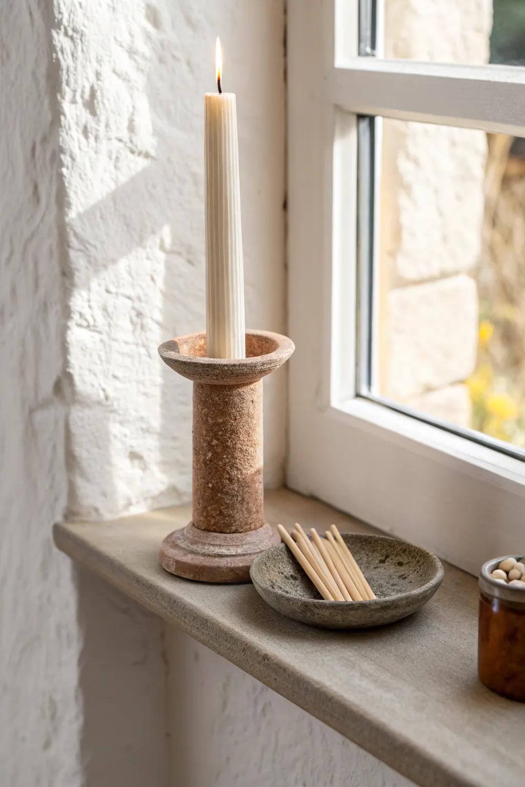 A simple candle vignette that makes small shelves feel warm, lived-in, and intentional.
