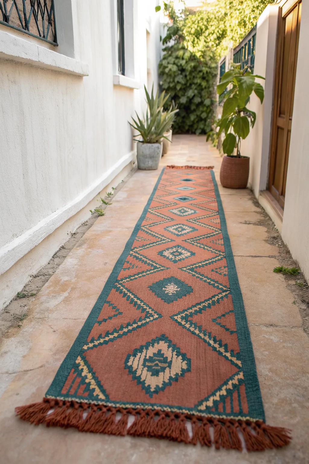 Bold outdoor rug = instant lounge zone, while the side yard stays a clear walkway.