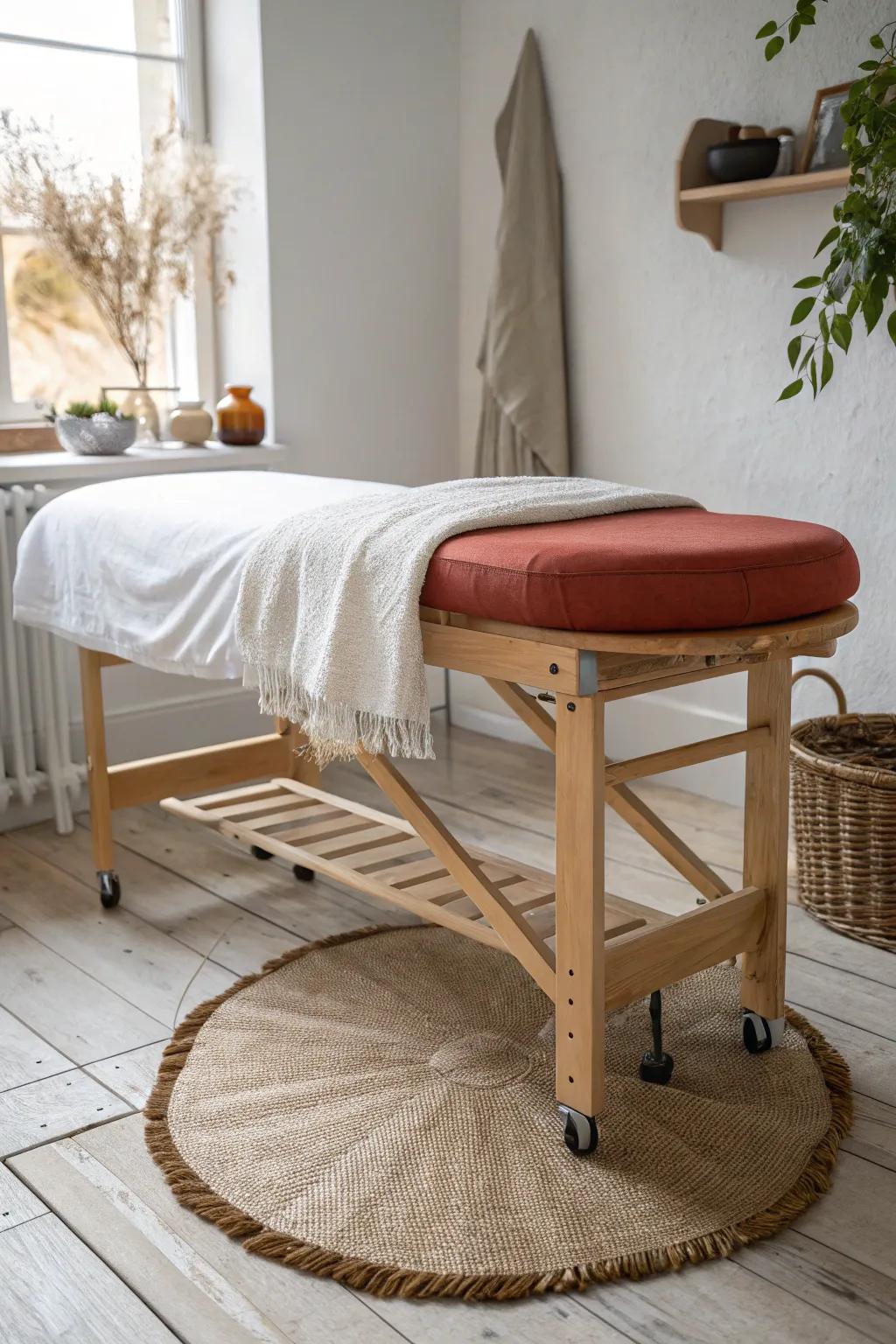 Tuck your rolling stool under the table to instantly clear floor space and calm the room.