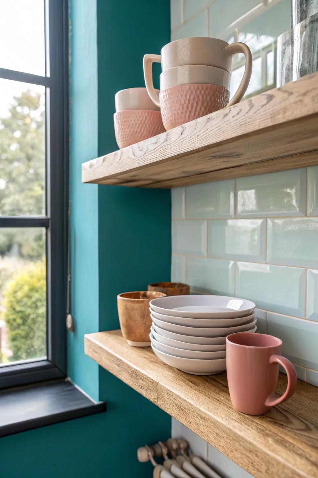 One open shelf, only your prettiest everyday dishes—airy, practical, and perfectly styled.