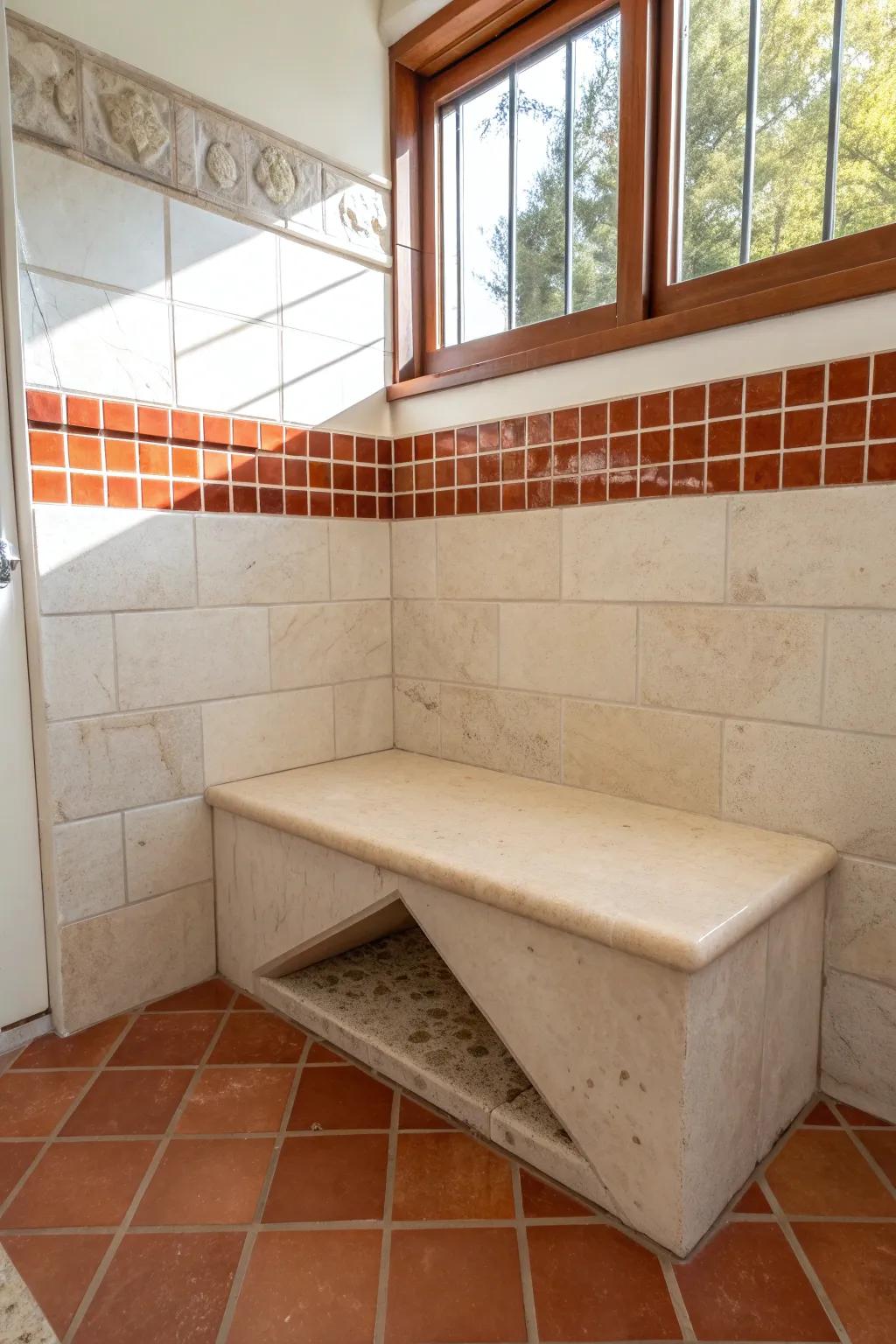 A space-saving corner stone bench that adds function and spa-like style to tiny showers.