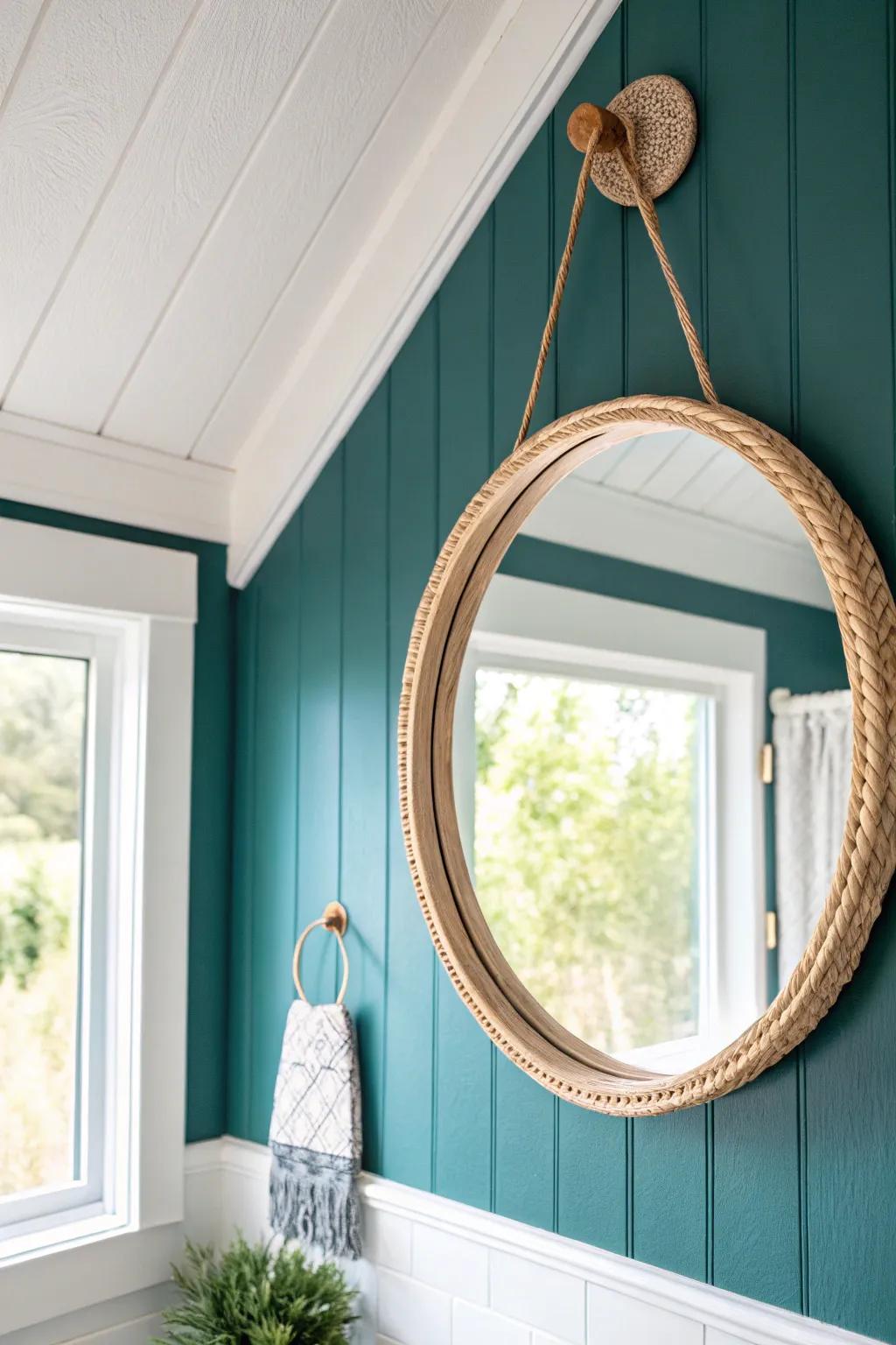 Deep teal walls with crisp white trim give a small bathroom a bright, clean, rental-friendly look.
