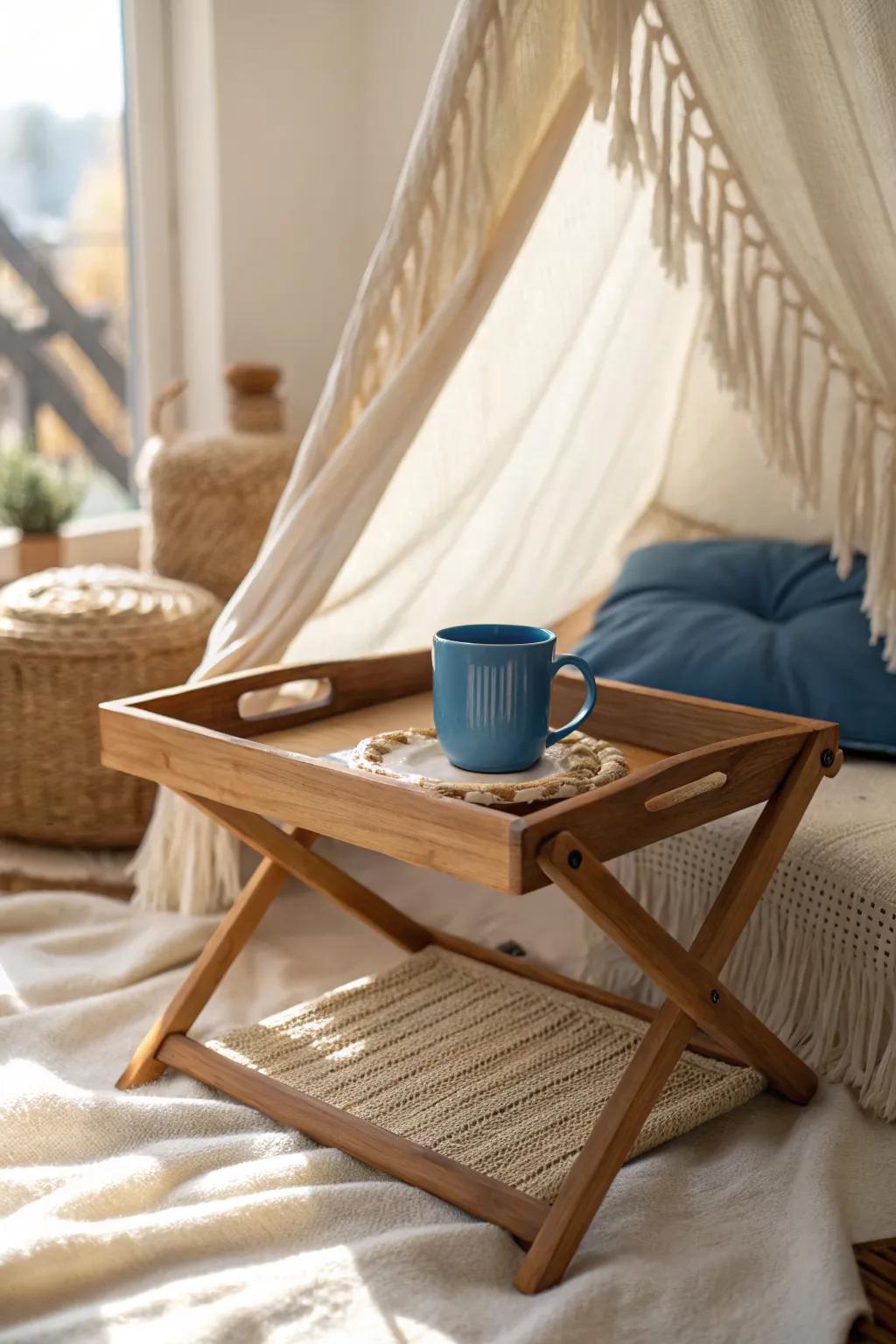 A tiny tray table turns your movie-night tent into a cozy mini lounge—snacks stay off the blankets.